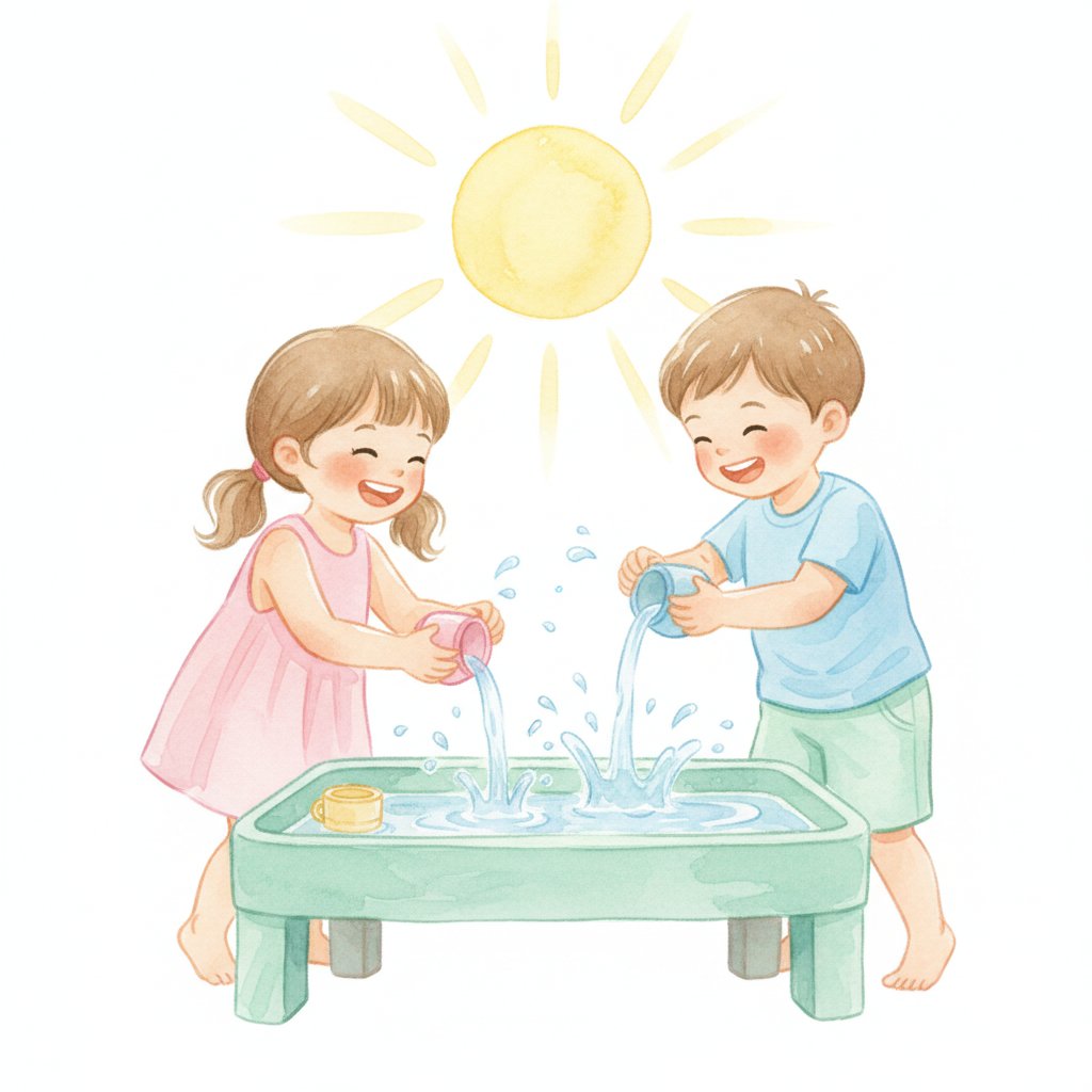 Watercolor illustration of preschoolers playing at a summer water table under a bright sun