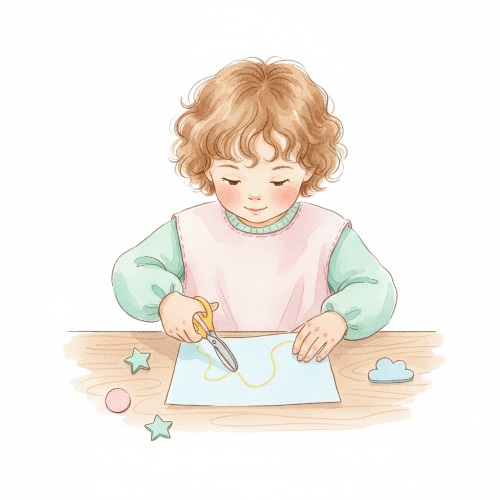 A young child cutting carefully along a curving drawn line on paper while turning the paper with the helper hand