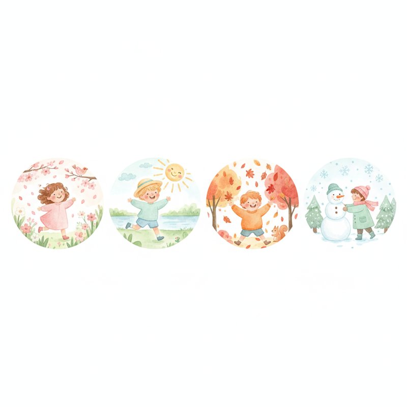 Watercolor illustration of cheerful preschoolers playing through spring, summer, fall, and winter