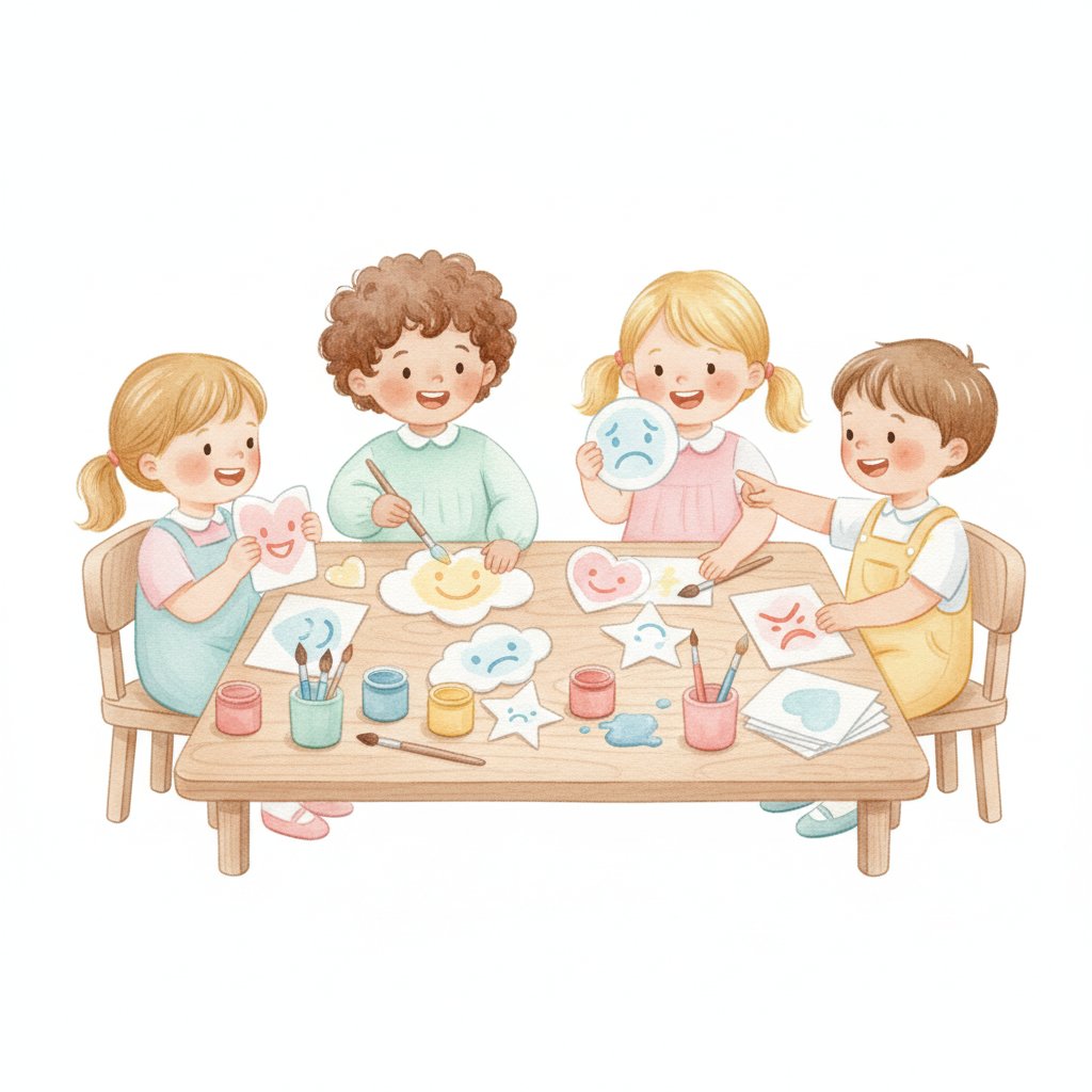 A watercolor illustration of children painting their own feelings chart at a craft table