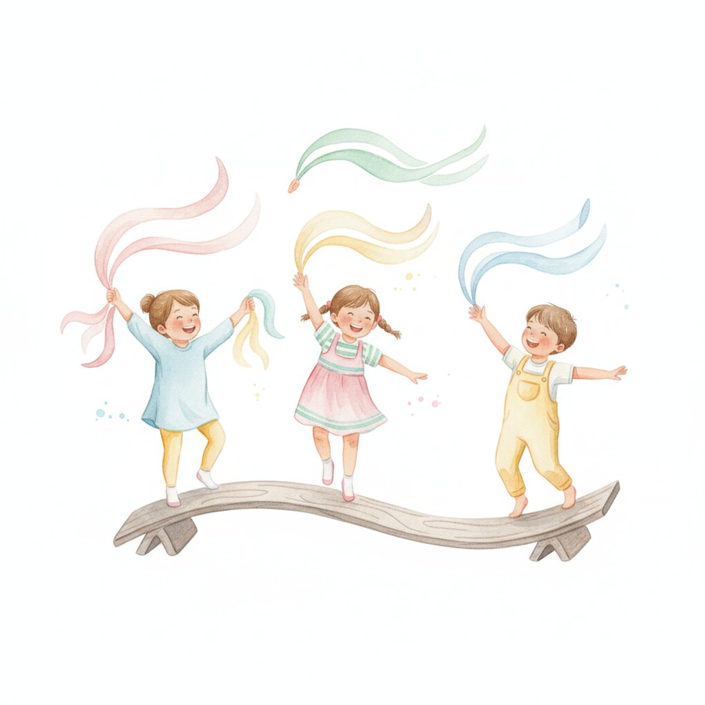 preschoolers balancing on a low beam and juggling soft scarves like acrobats