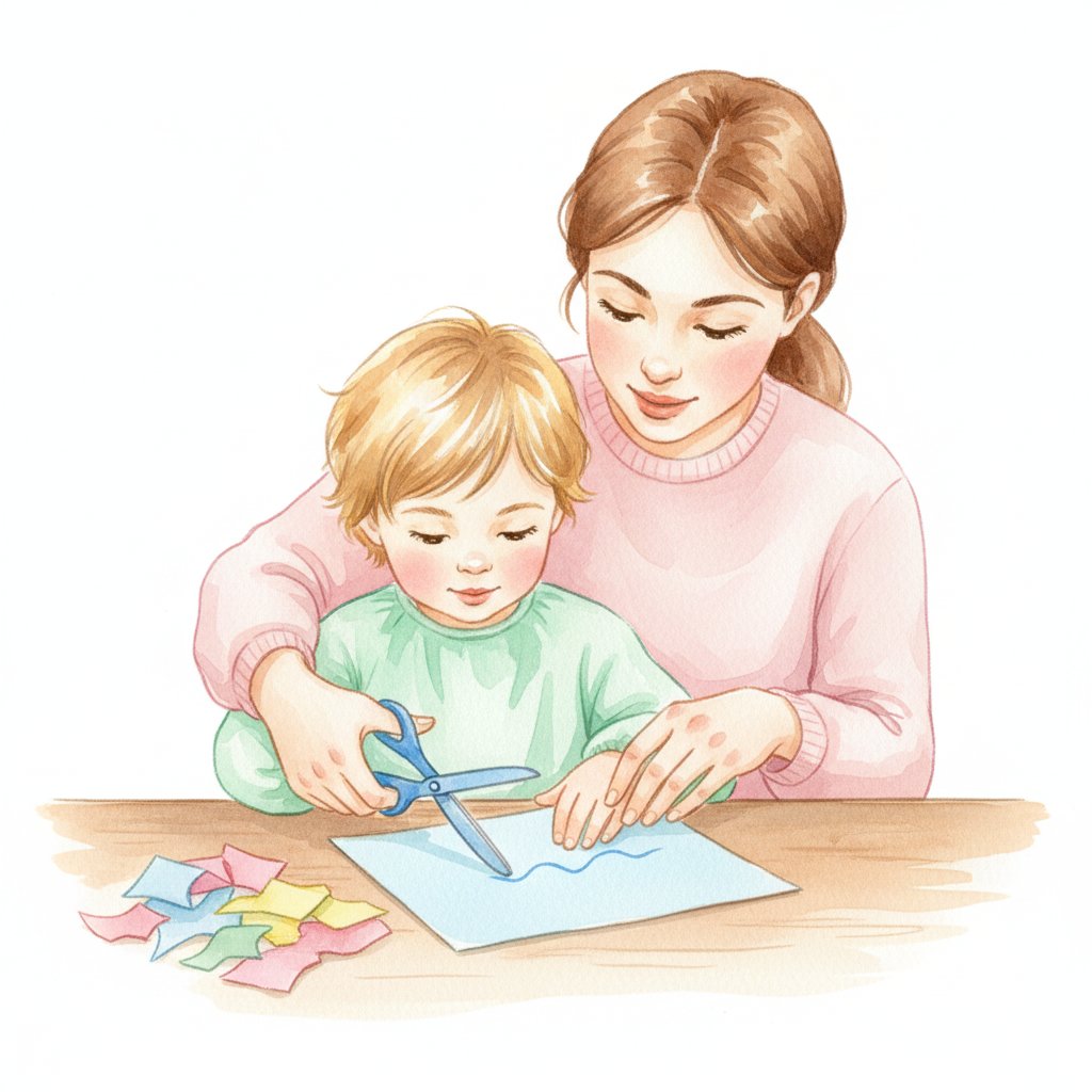 A child using blunt safety scissors to cut paper while a parent supervises nearby