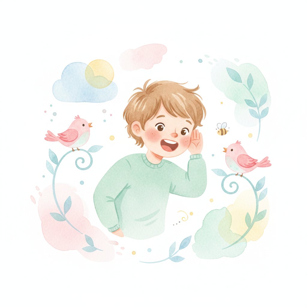 A watercolor illustration of a young child cupping a hand to their ear, listening to sounds around them