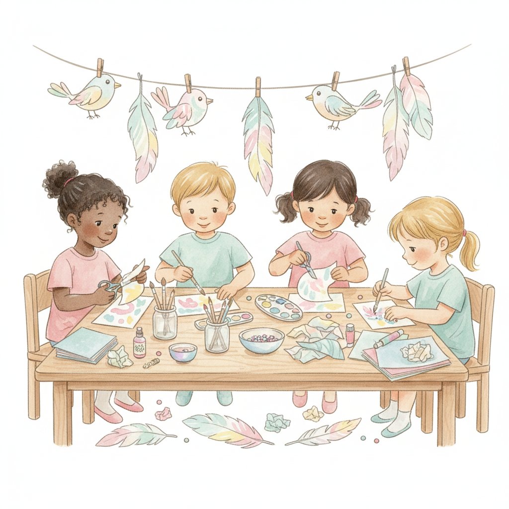 Children crafting colorful paper birds at an art table