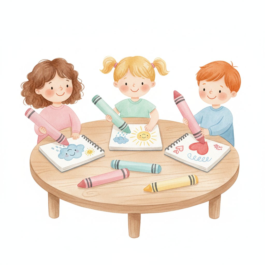 Happy young children drawing pictures of their feelings with crayons at a low table, soft watercolor