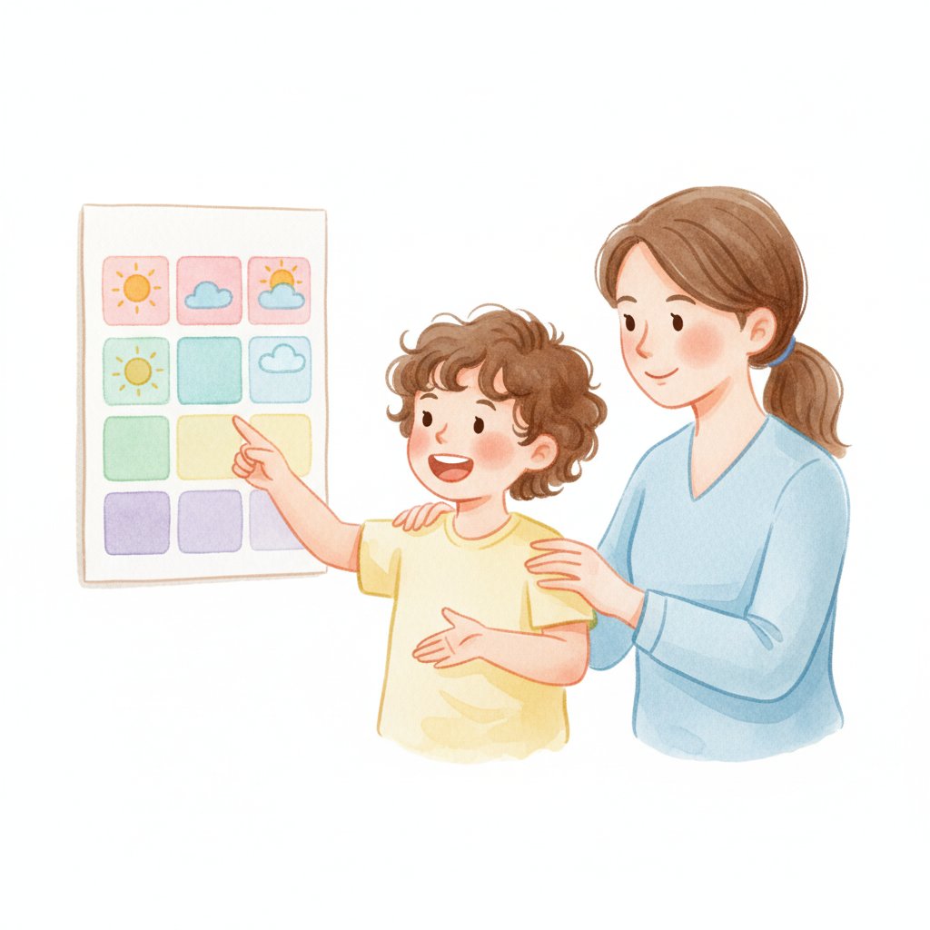 Child reciting the days while pointing along a day chart