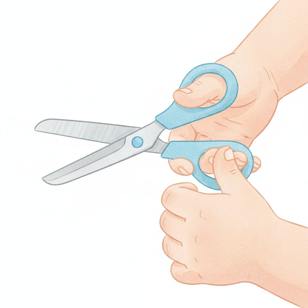 Close-up of a child holding safety scissors correctly with both thumbs pointing up