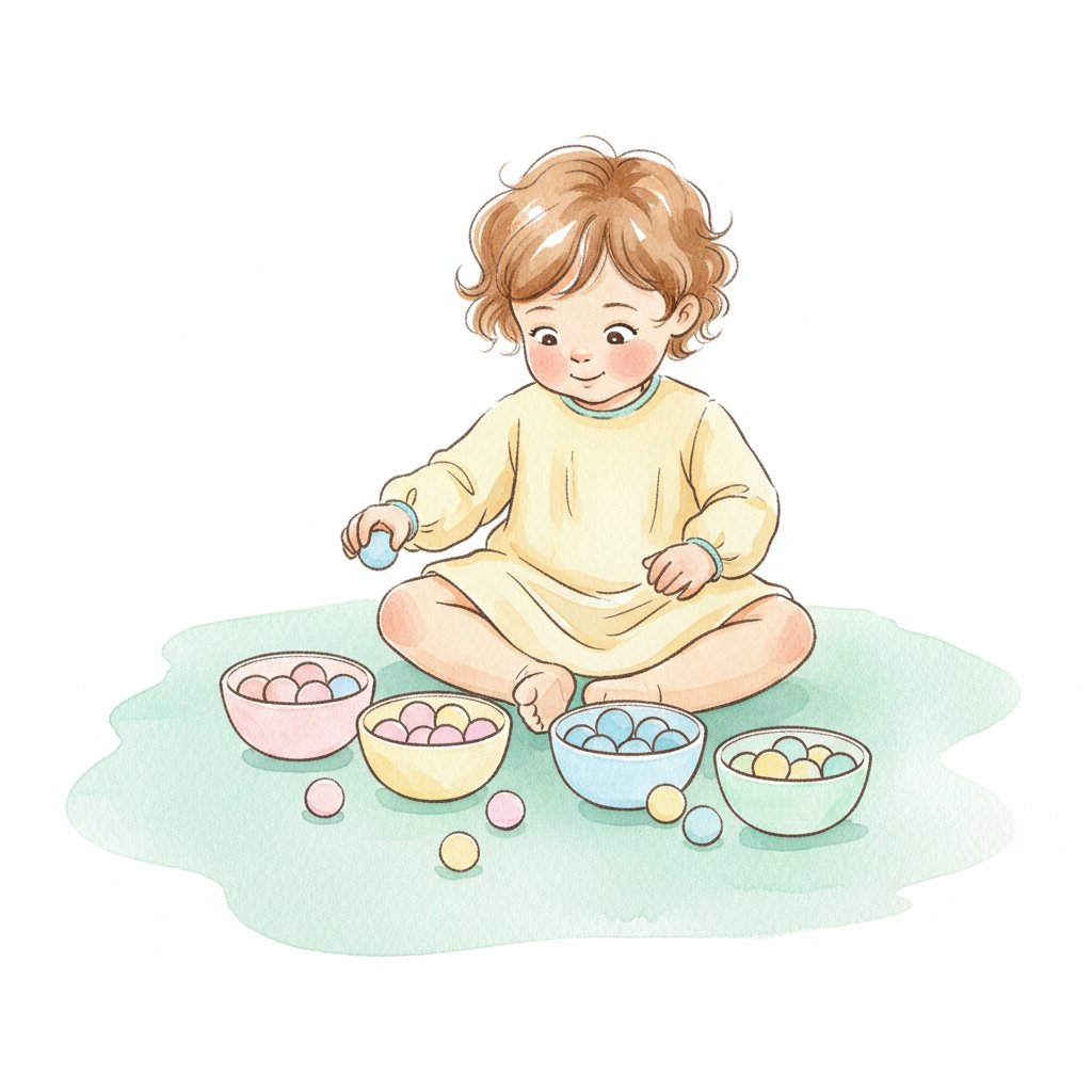 A toddler sorting colorful pom-poms into matching colored bowls