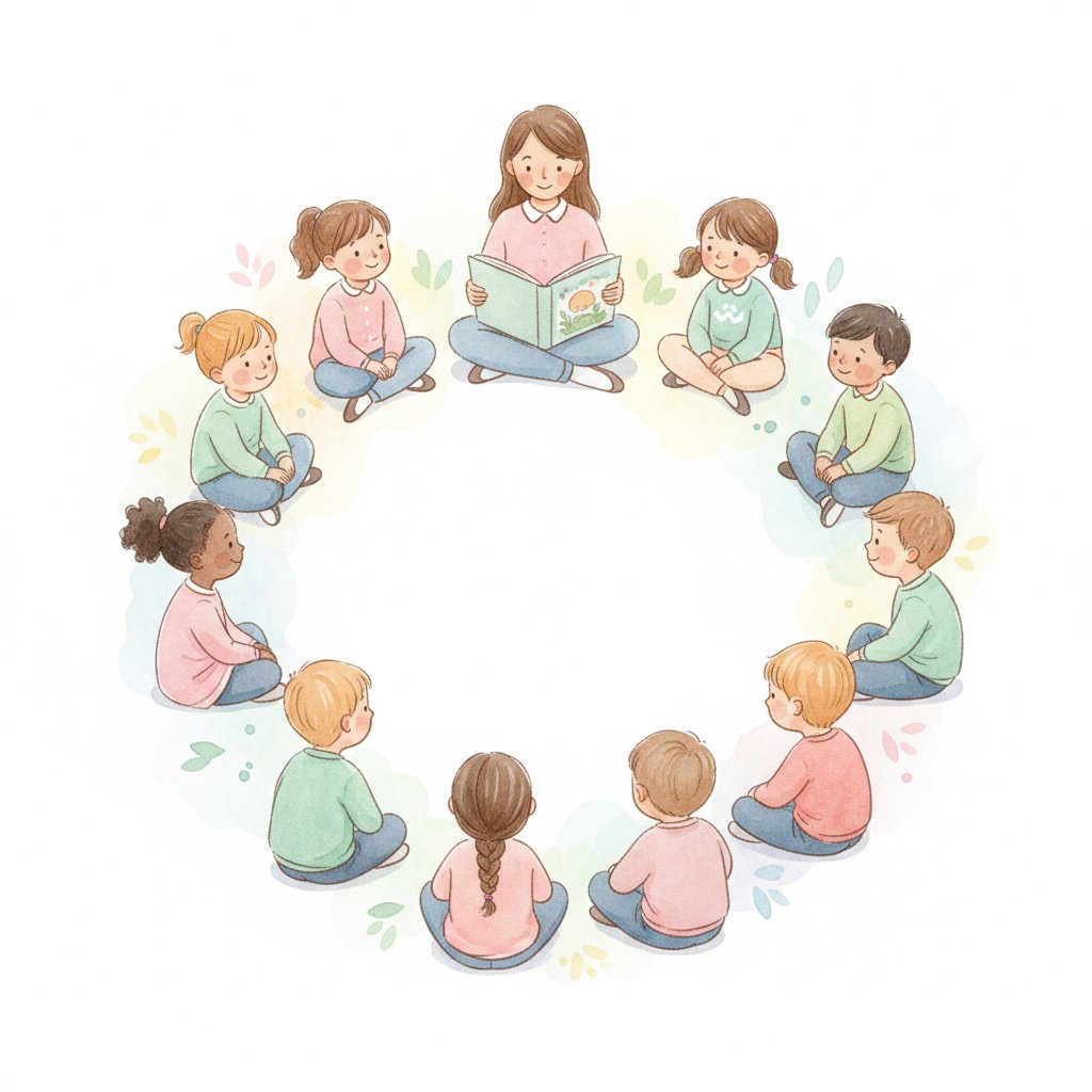 Young children sitting calmly in a circle smiling at their teacher
