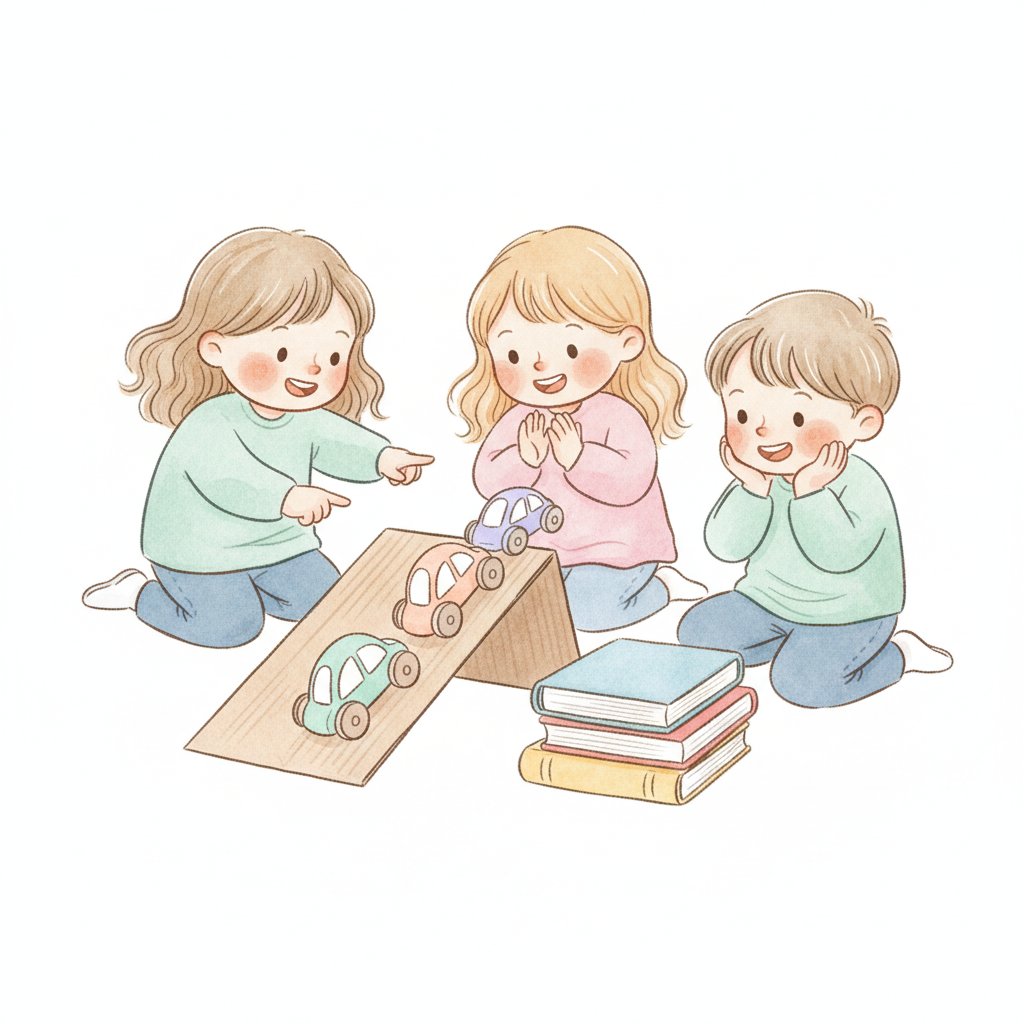 Cheerful young children racing toy cars down a cardboard ramp propped on books