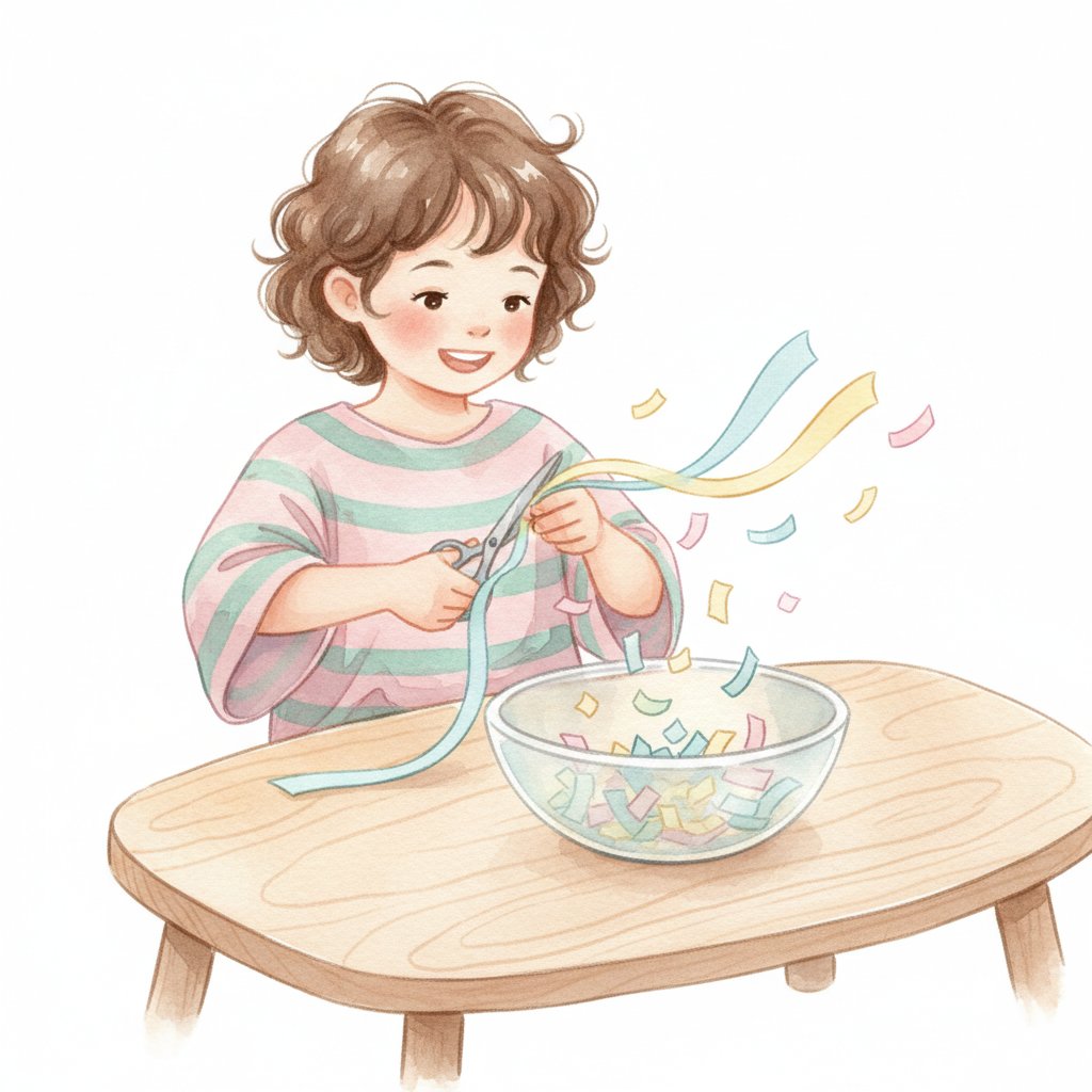 A cheerful young child snipping colorful paper strips into confetti pieces falling into a bowl