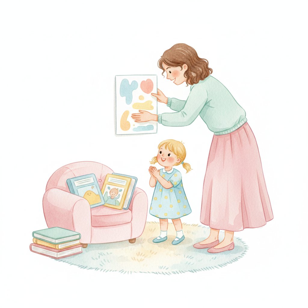 Teacher placing a poster at a childs eye level beside a reading nook