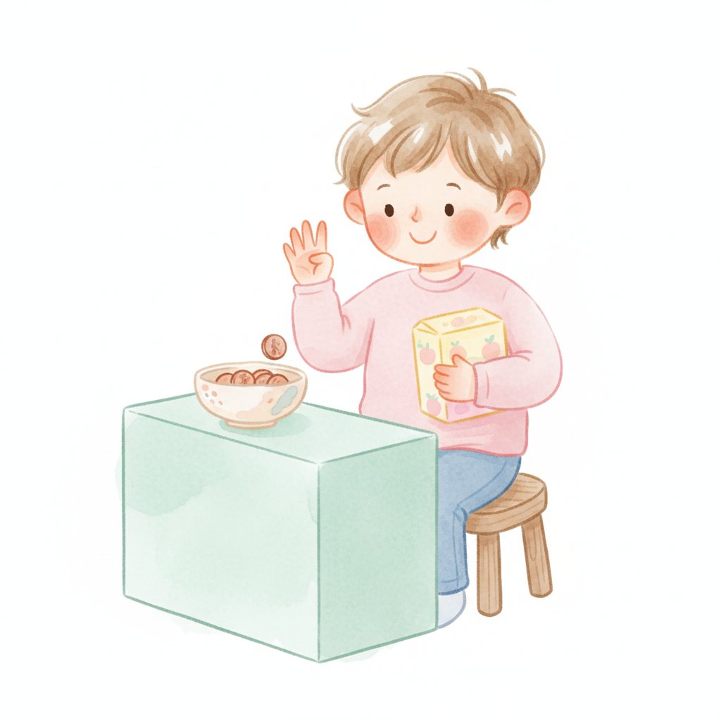 Watercolor of a cheerful preschooler counting pennies at a pretend checkout counter