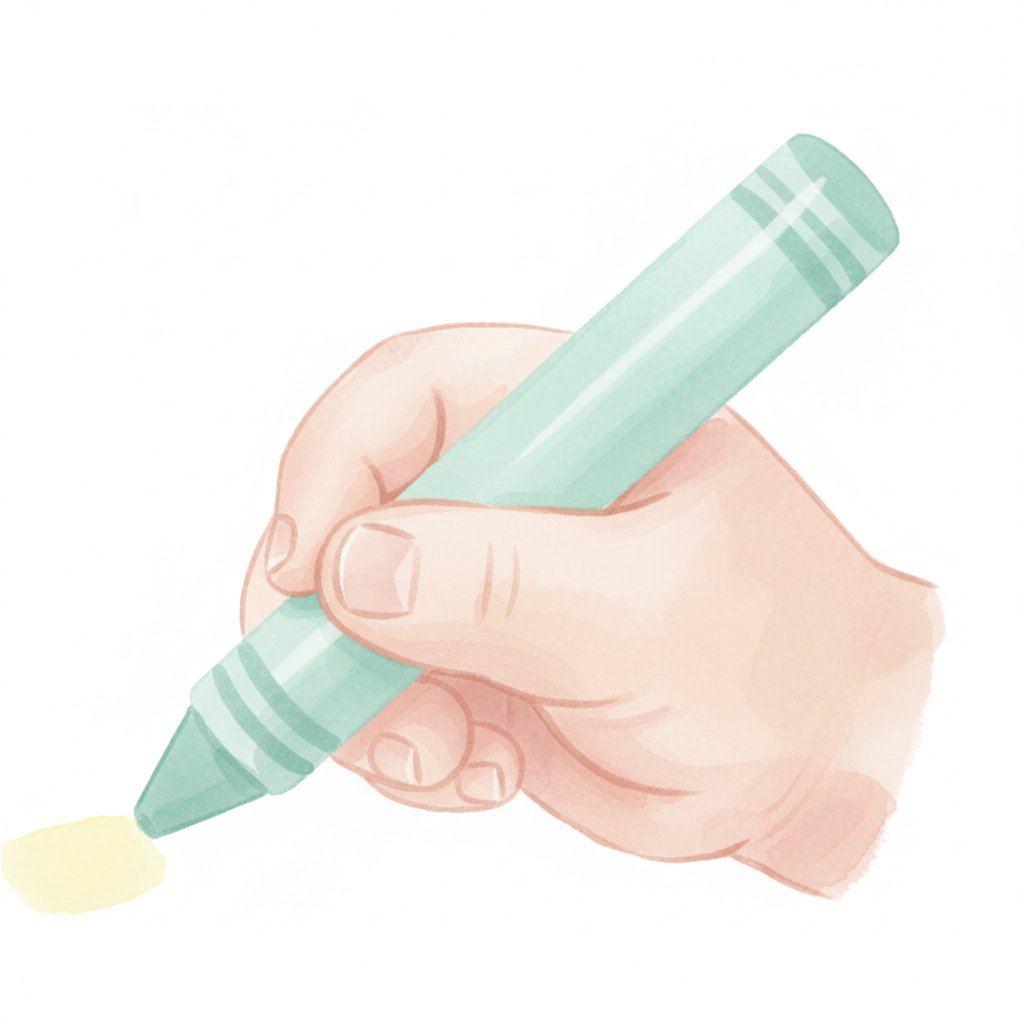 A child holding a crayon with a confident tripod grip, soft watercolor