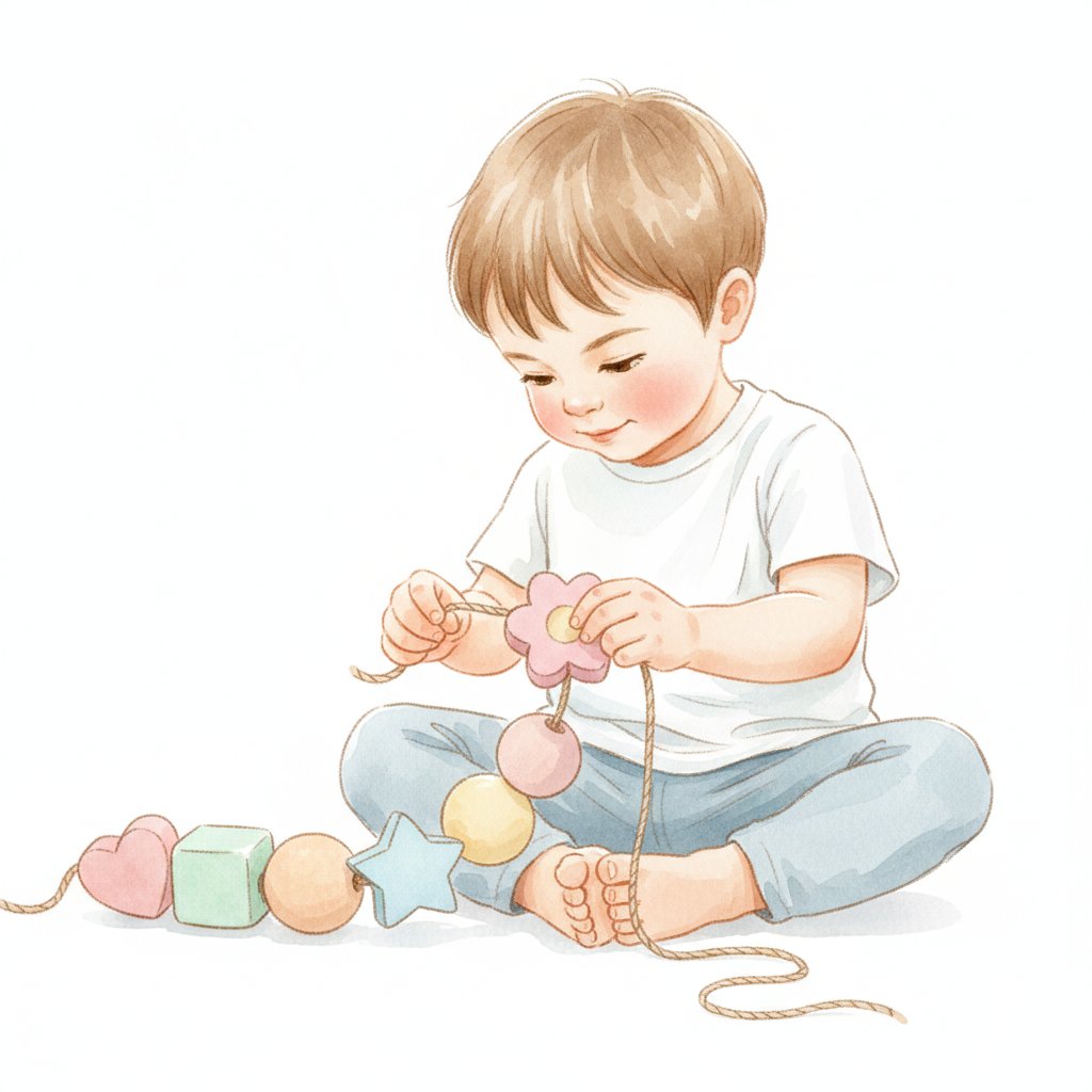A child threading large wooden beads onto a string, soft watercolor