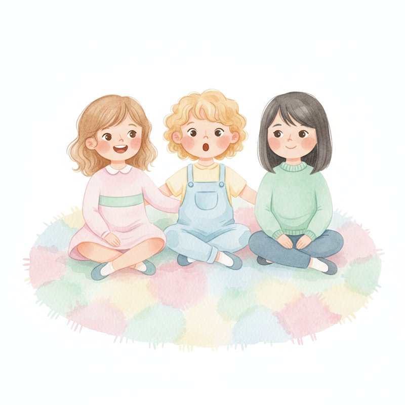 Cheerful preschoolers showing different feelings together in a circle, soft watercolor