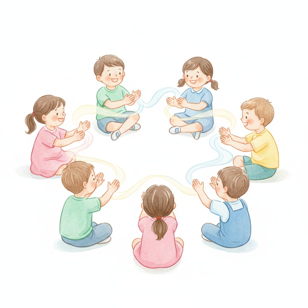 Watercolor illustration of children sitting in a circle clapping and passing an action