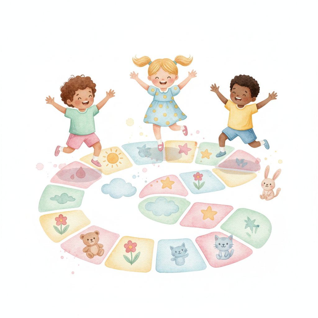young children hopping along a giant floor board game with playful steps