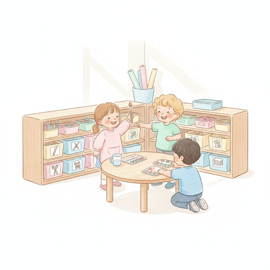 children choosing supplies from labeled bins in a tidy classroom art corner