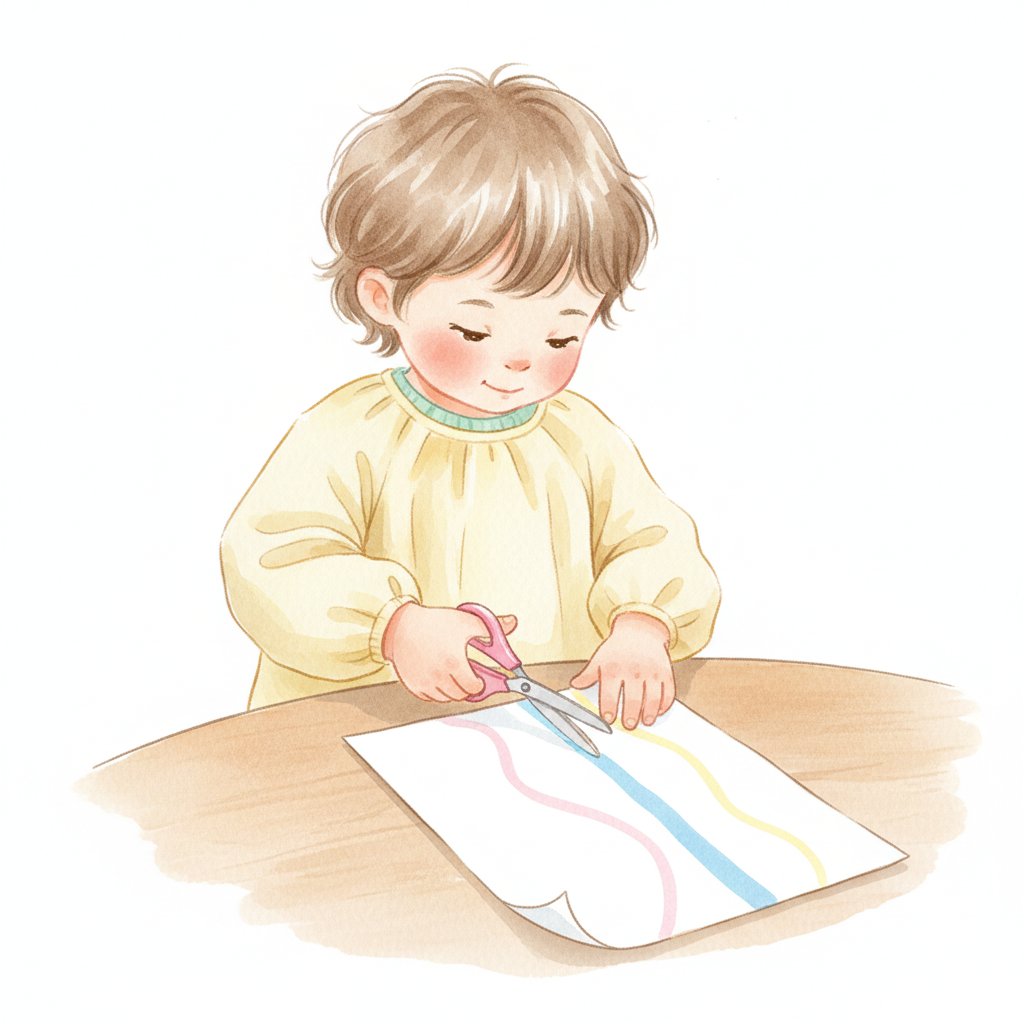 A young child carefully cutting along a straight colored guide line on paper with safety scissors