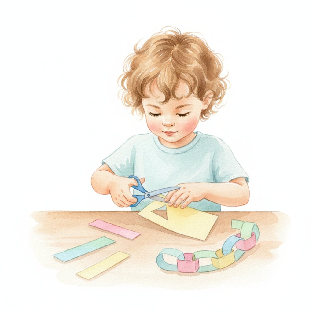 Watercolor illustration of a young child cutting colored paper with safety scissors