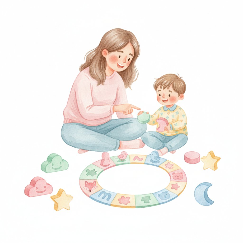 A parent and young child sitting on the floor at home playing a colourful phonics board game
