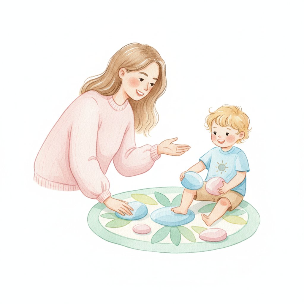 A parent gently encouraging a child during a short relaxed math game