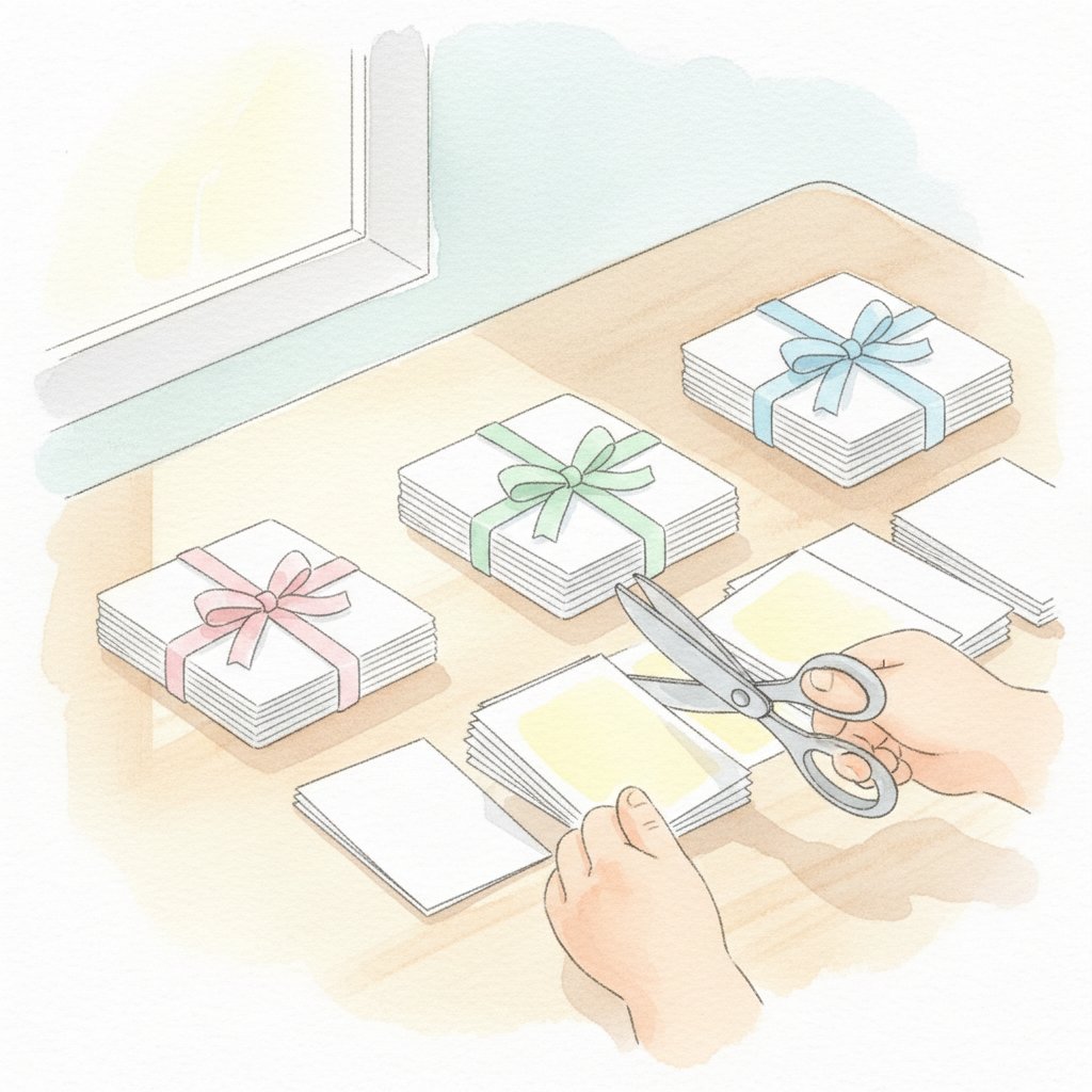 Hands cutting and sorting freshly printed cards into neat stacks