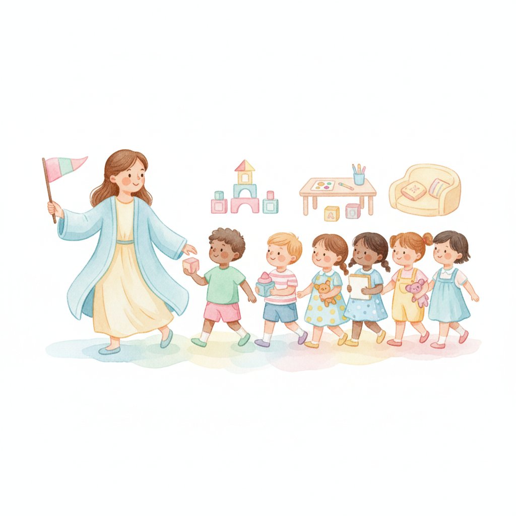 A watercolor illustration of preschoolers calmly moving in a line to the next activity with their teacher