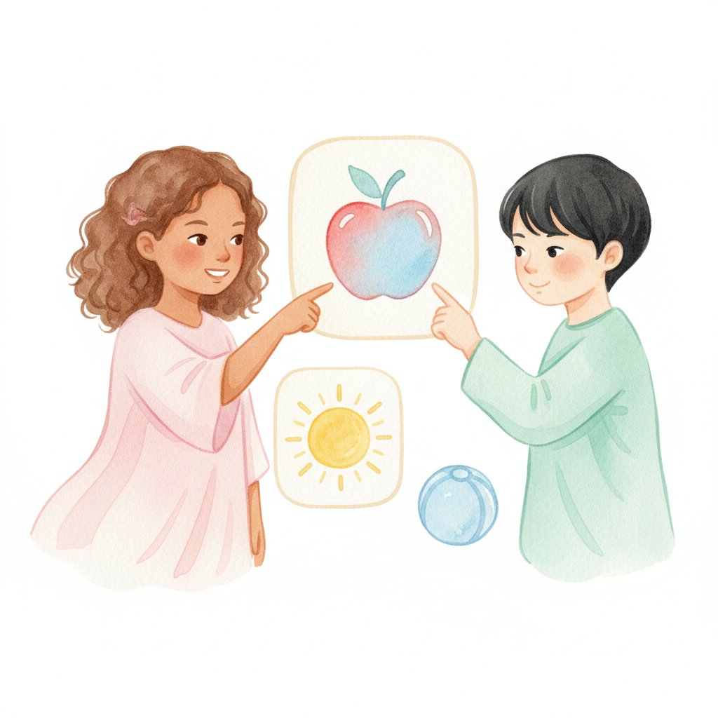 Children naming everyday objects with bilingual vocabulary picture cards