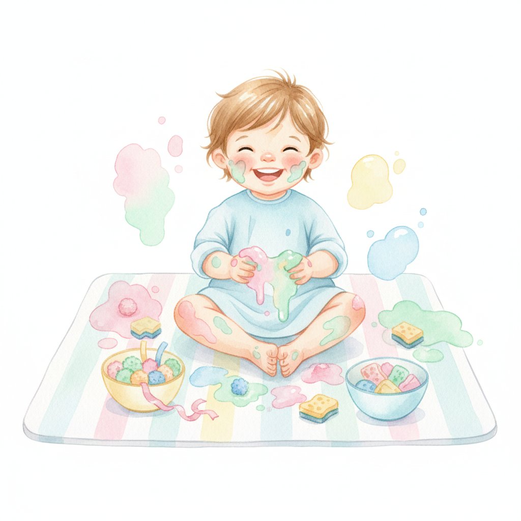 A child enjoying messy sensory play on a protected floor mat