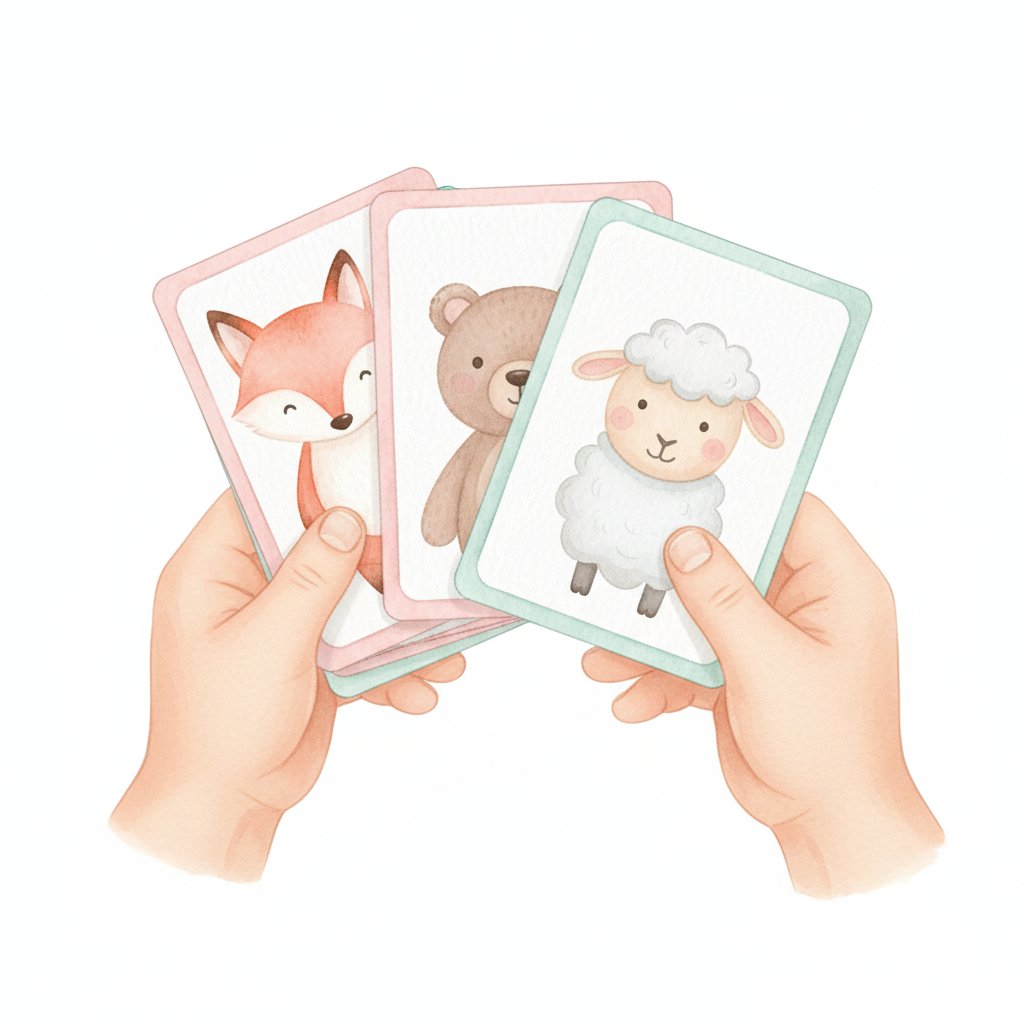 Close-up of small hands holding a stack of colorful animal character cards