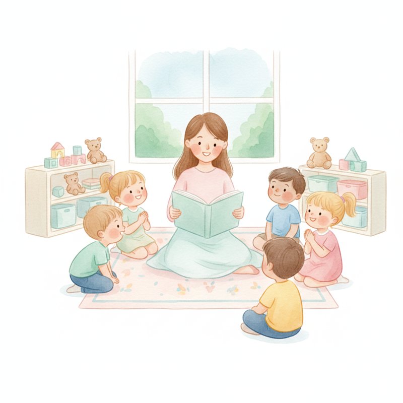 a calm cheerful preschool classroom with children listening happily to their teacher