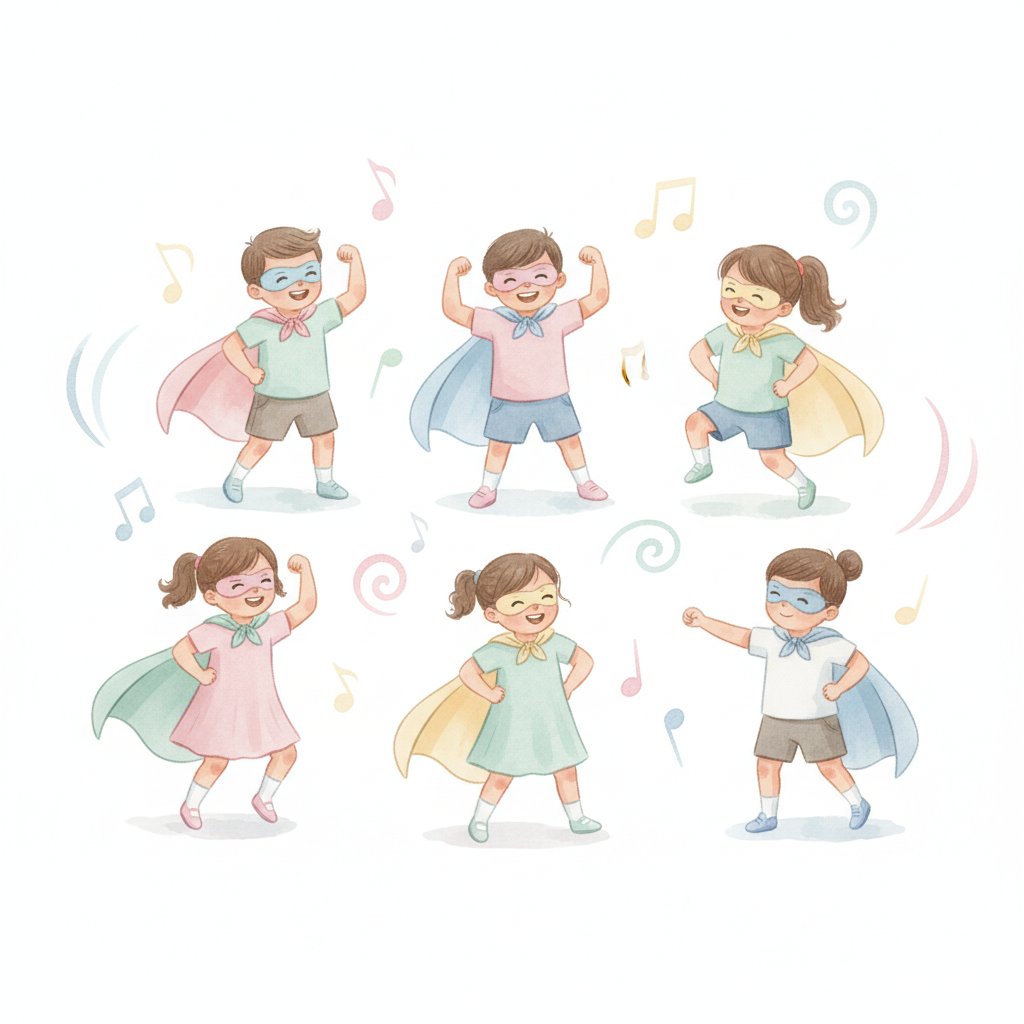 Children in capes having a hero dance party