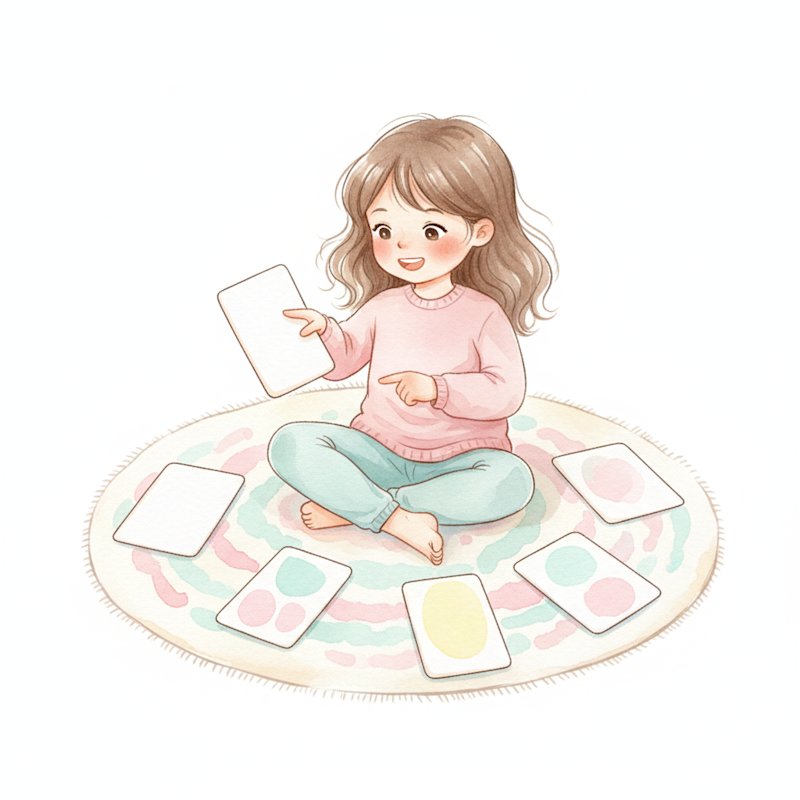 Child happily recognizing words on flashcards