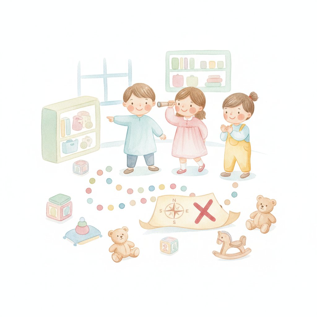 Children following a dotted treasure map path toward a big red X