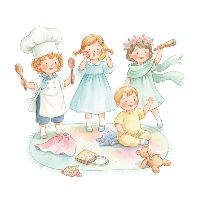 Watercolor illustration of cheerful young children playing imaginative dress-up pretend together