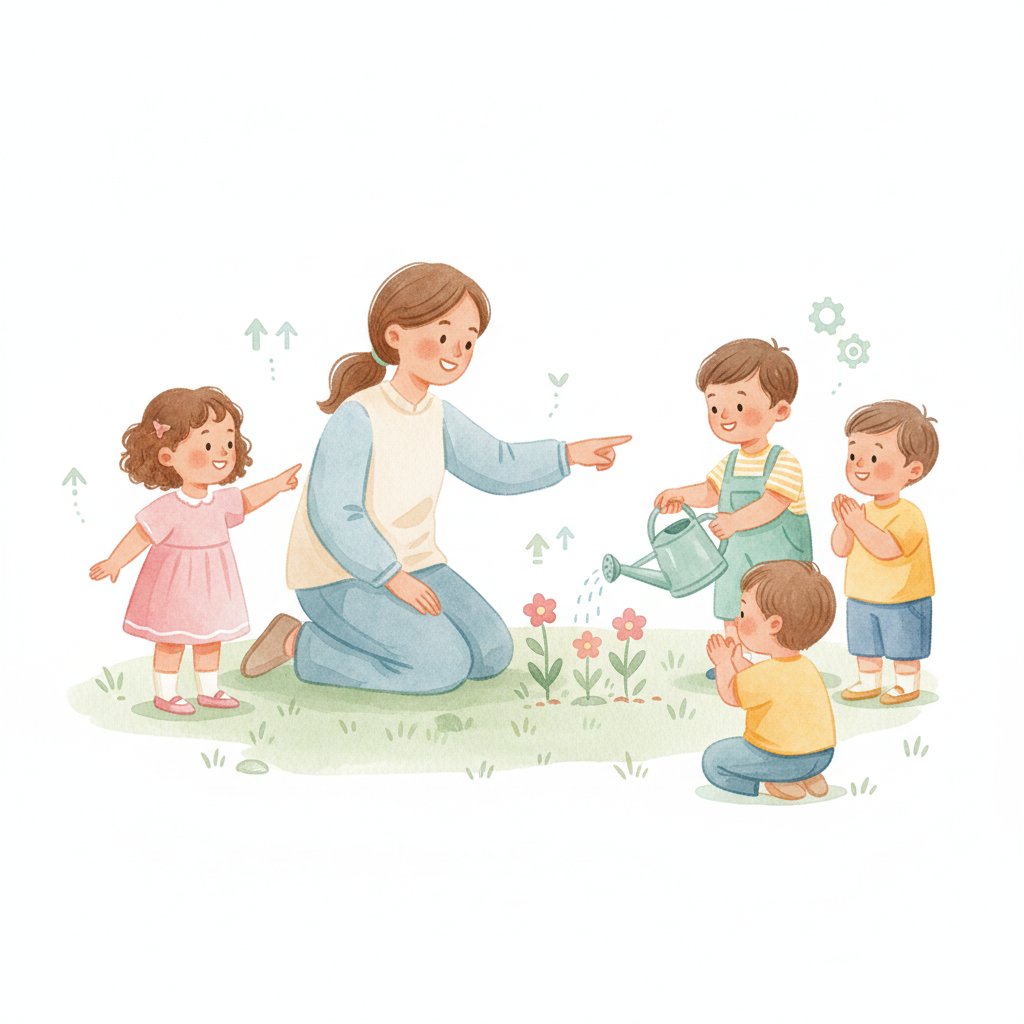 A caregiver guiding children of different ages to follow an instruction
