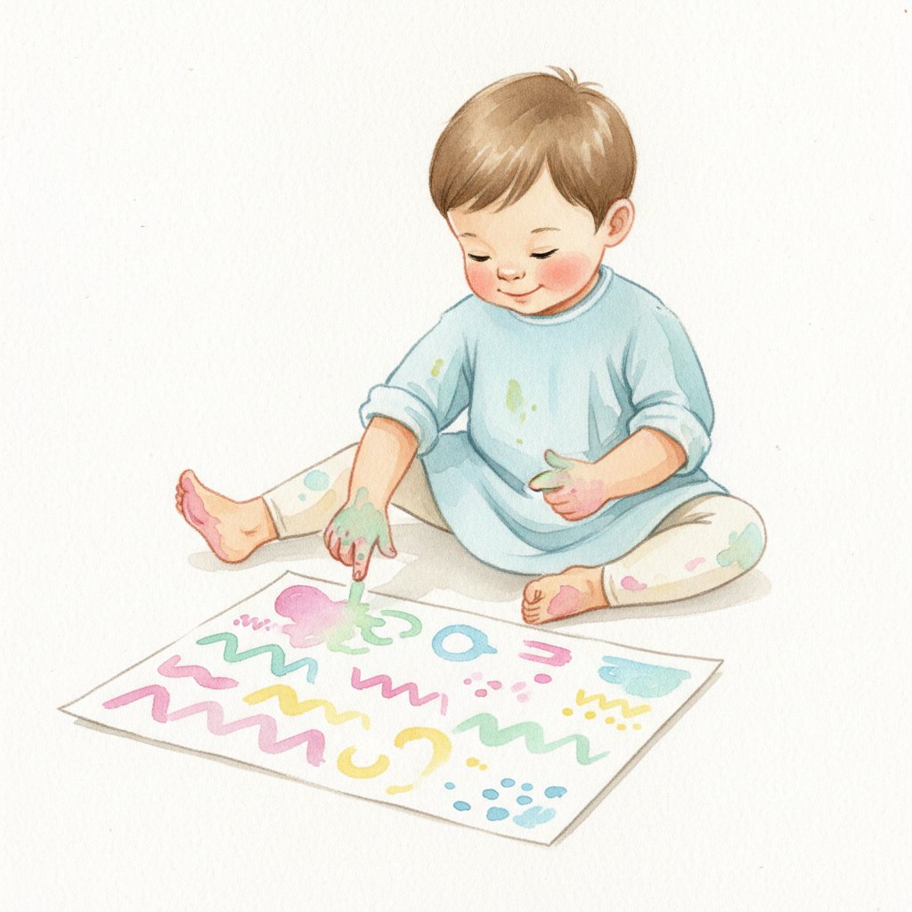 A child practicing pre-writing strokes by finger painting lines and curves, soft watercolor