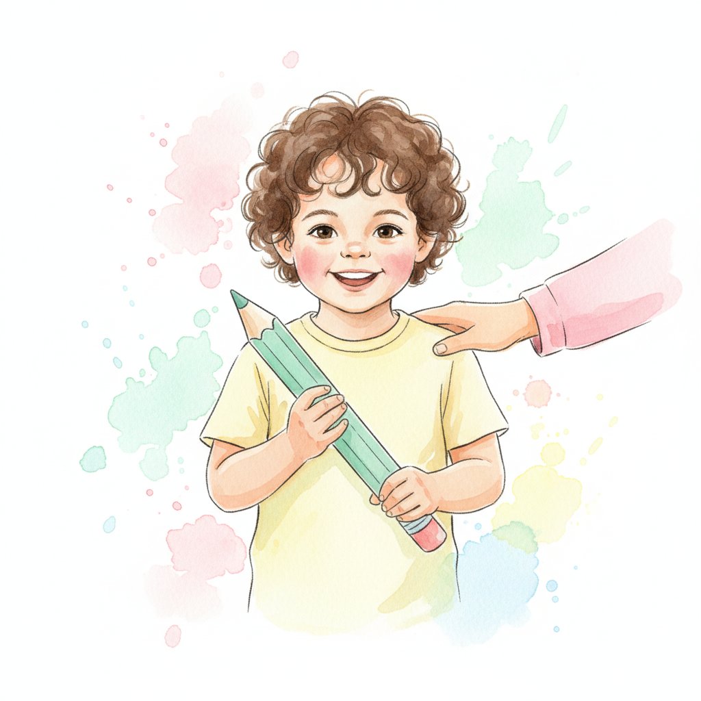 A child holding a chunky triangular pencil with an encouraging adult hand on their shoulder