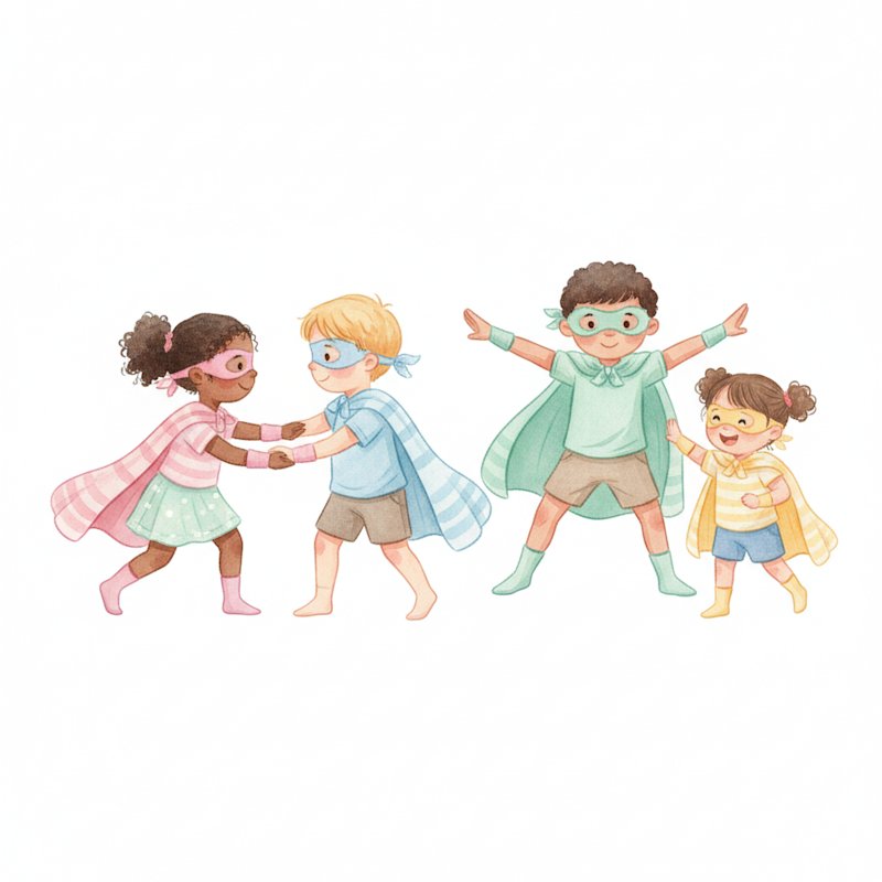 Watercolor illustration of cheerful preschoolers wearing capes playing as kind superheroes