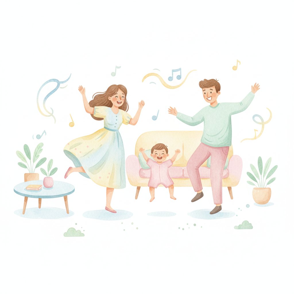 A family having a living-room dance party with silly freeze poses
