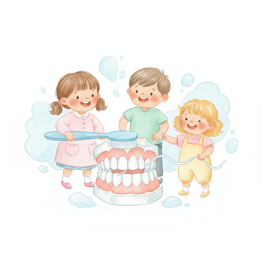 Children brushing a big model of teeth with a giant toothbrush and floss