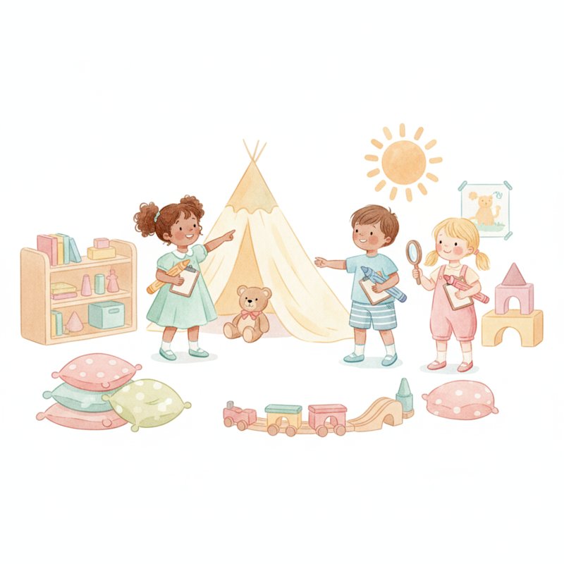 Watercolor illustration of cheerful young children on a scavenger hunt with clipboards, searching a bright playroom and pointing at what they find