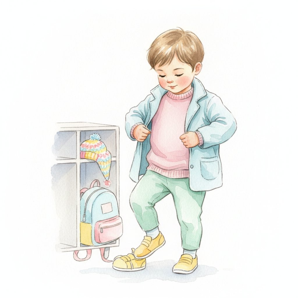 A young child putting on their own coat and shoes by a cubby