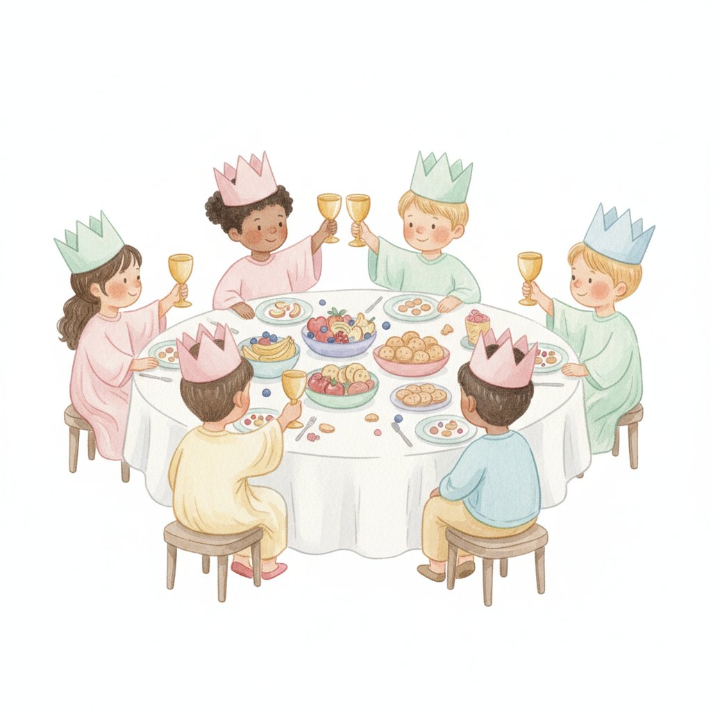 young children at a pretend royal banquet feast wearing paper crowns