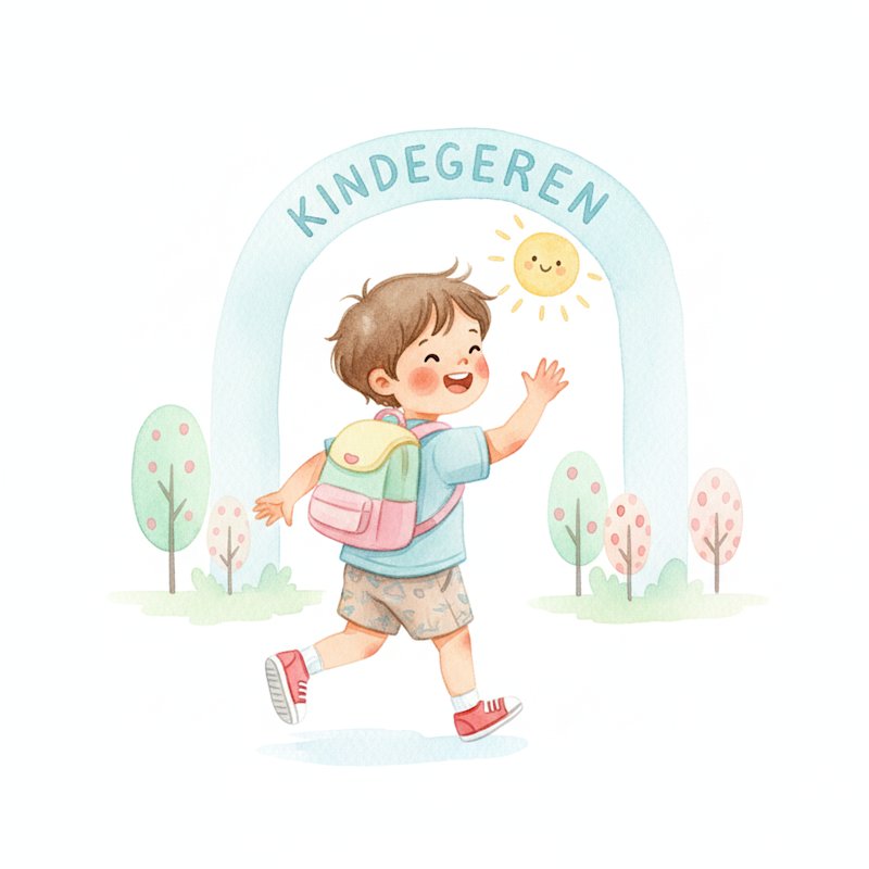 A cheerful child with a backpack heading to kindergarten on the first day, soft watercolor