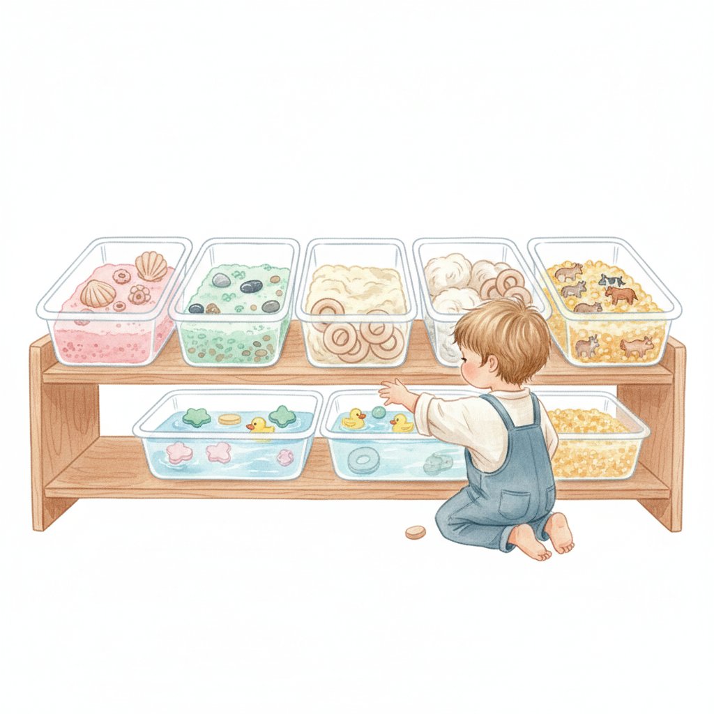 Individual sensory bins on a low classroom shelf with a child choosing one