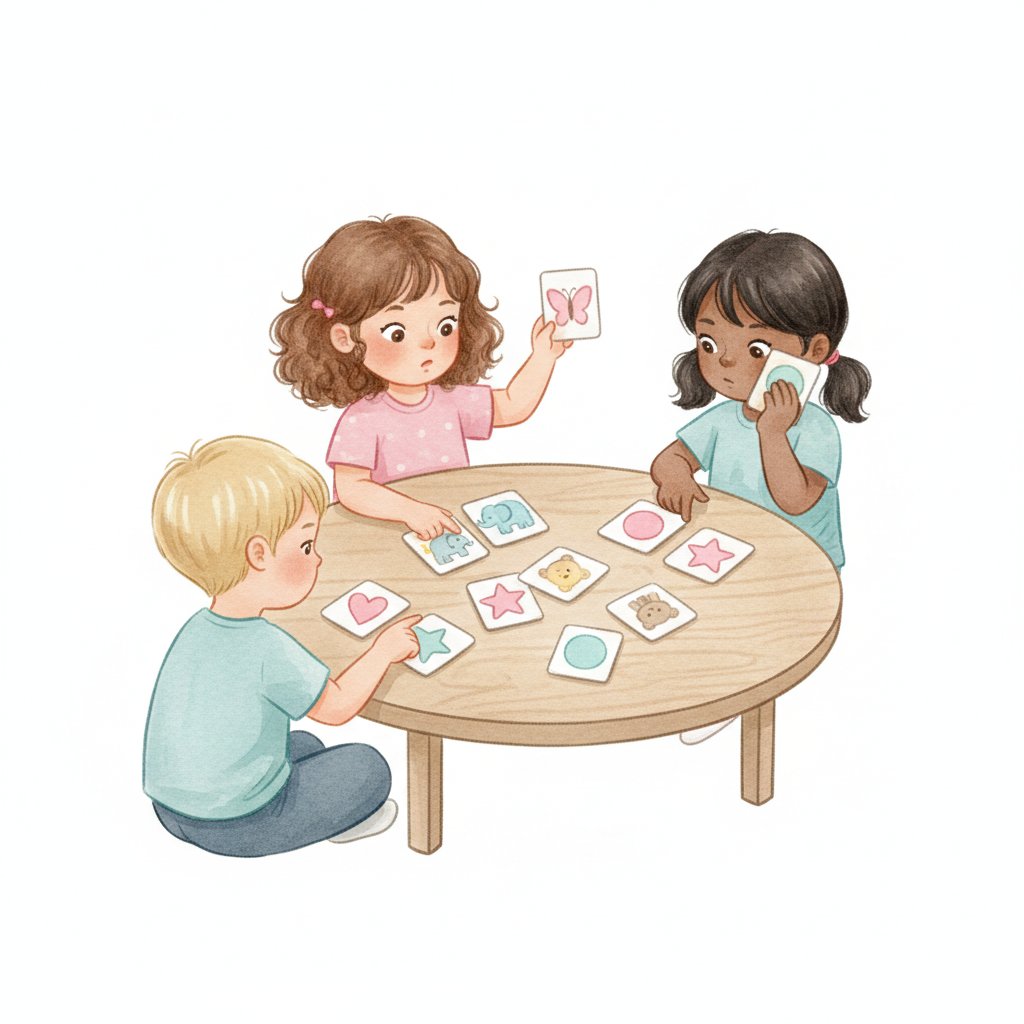 Children concentrating as they study picture cards to find matches