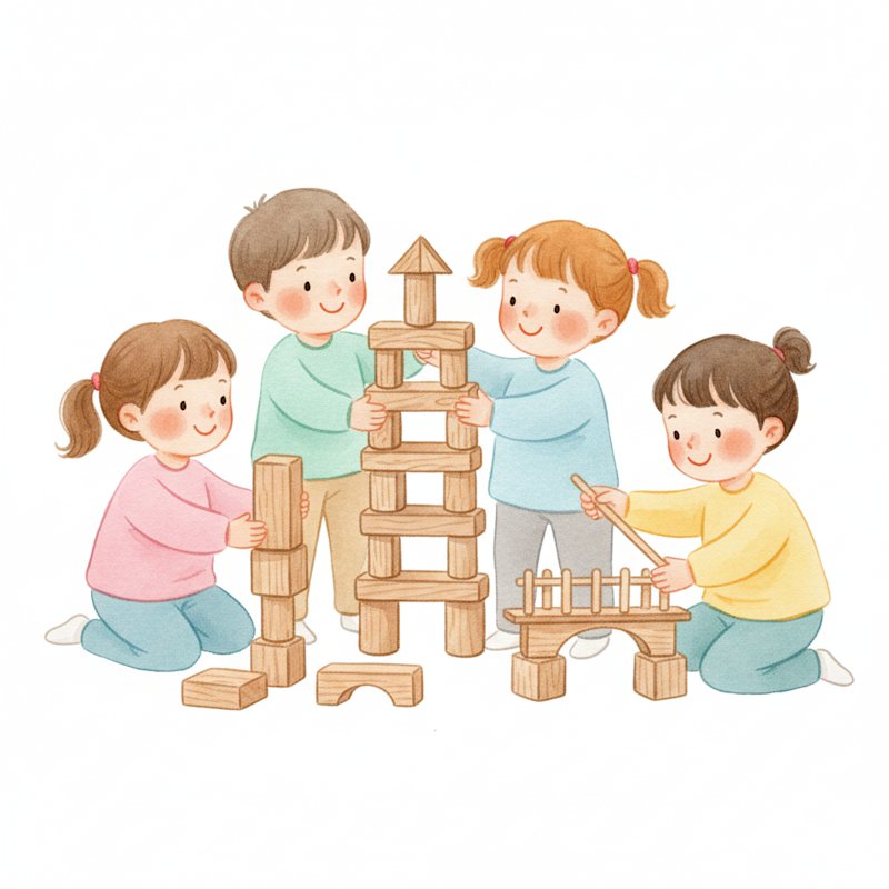 Children building a tower and bridge with blocks and craft sticks